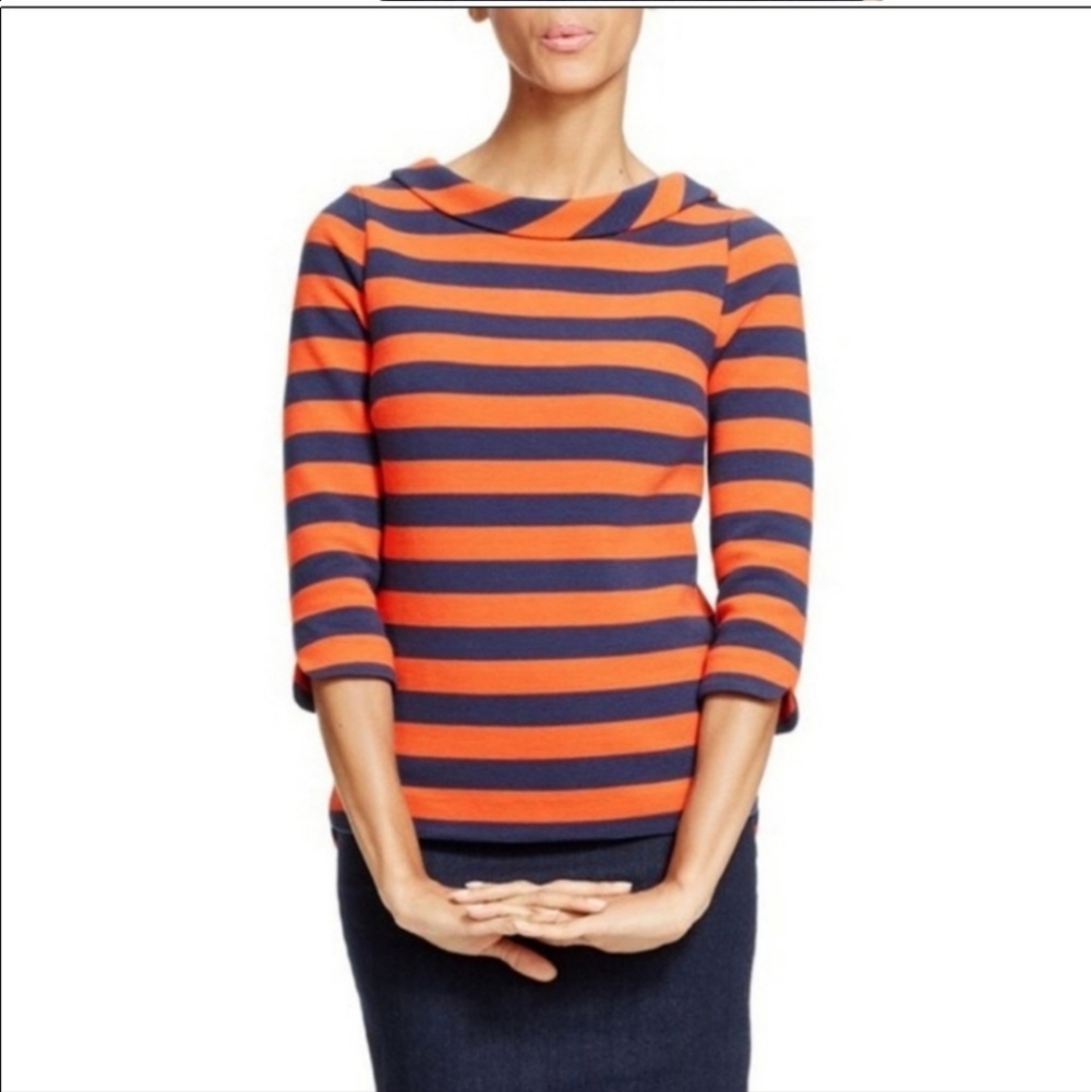Boden Womens Marion Striped Top Navy Orange 3/4 Sleeve Boatneck Blouse Size 2